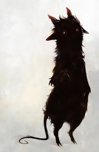 Digital illustration of a small fluffy black creature with two small pointed horns, large round red eyes, thin curled tail, and soft messy fur on a light gradient background.