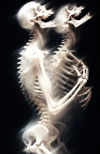 Two overlapping semi-transparent human skeletons against a dark background with ghostly ethereal textures, one in profile with a bald head and the other with an open jaw revealing sharp teeth.