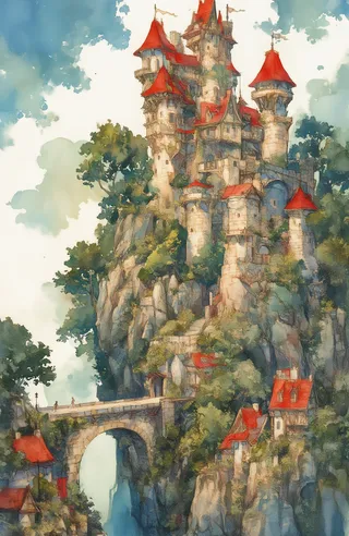 Watercolor illustration of a fantasy castle perched on a rocky cliff with red conical roofs, connected by a stone bridge to a village below amid lush greenery under a dreamy blue-green sky.