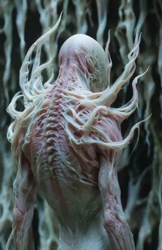 A pale, bald humanoid figure seen from behind with a slender muscular build and long white tentacle-like appendages curling around its head and neck, set against a dark, blurred forest-like environment.