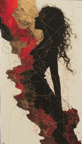 Silhouette of a young woman in dynamic pose surrounded by abstract red, black, and gold organic shapes and geometric patterns.
