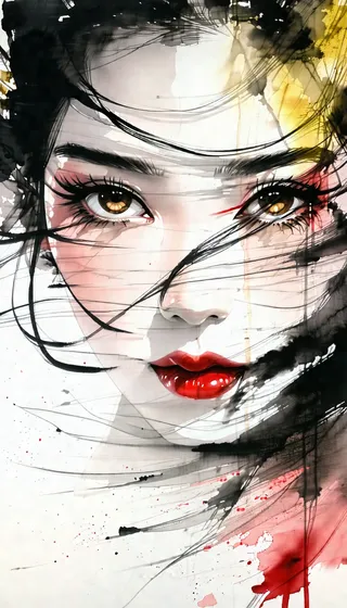 Photorealistic ink art closeup focusing on the eyes and lips of a young oriental woman with dark hair, red lips, and strands of blonde and red in her hair.