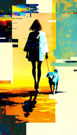 Silhouette of a woman walking a dog on a leash during sunset, rendered in glitch art style with abstract and vibrant blocks of color.