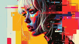 Retrato de perfil de un soldado japonés de ciencia ficción con cabello rubio decolorado, representado en un audaz estilo pop-art con superposiciones abstractas, texturas de semitono y estética glitch.