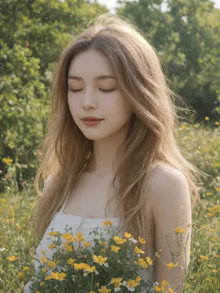 A woman with closed eyes standing in a field of yellow wildflowers under soft sunlight surrounded by greenery.