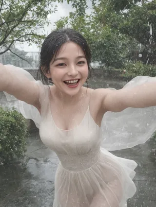 A joyful woman twirling in the rain wearing a white dress with water droplets glistening on her skin, surrounded by greenery.