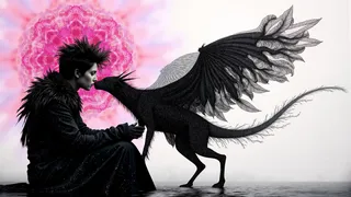 Side view of a punk person with spiked hair and feathered clothing kissing a black winged creature, set against a bright, apocalyptic pink fractal background with fog and water reflections.
