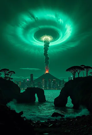A dramatic apocalyptic scene with a volcano erupting in front of a neon-lit city skyline, beneath a swirling green vortex in the sky, framed by rocky arches and twilight waters.