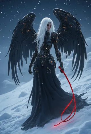 Biomechanical angel with black gold mechanical armor, long white hair, metallic wings, holding a glowing red whip in a snowy night landscape.