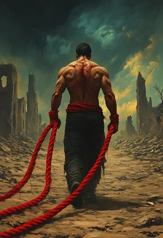 Muscular man with red ropes wrapped around wrists walking through a barren apocalyptic landscape with ruined buildings under a dark, moody sky.