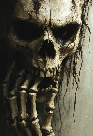 Close-up of a skeleton's angry face with fingers touching its mouth, featuring a macabre surrealism style with gothic and eerie decay details.
