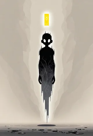 A dark silhouette figure with glowing white eyes floating above a gray and peach background with soft directional light, surrounded by atmospheric perspective and abstract shadows.