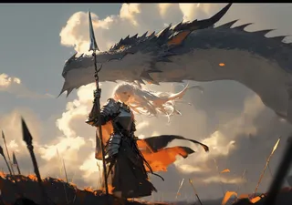A dark fantasy oil painting of an armored warrior with long white hair holding a spear, standing before a large dragon under a cloudy sky with glowing embers.