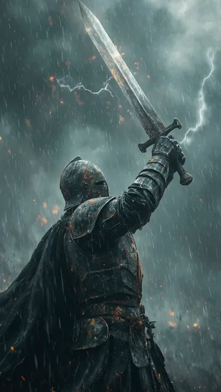 Side profile close-up of a knight in heavy rusted armor holding a glowing giant sword raised high amidst a storm with lightning and rain.