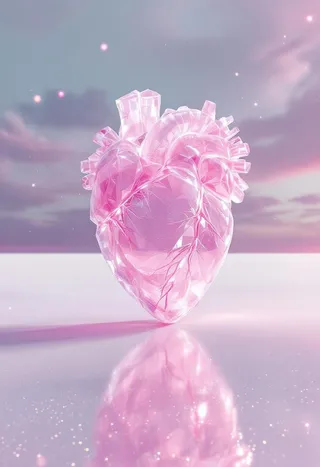 A large translucent pink crystal human heart sculpture glimmers on a smooth reflective white surface under a pastel-hued sky with soft clouds and floating ethereal particles.