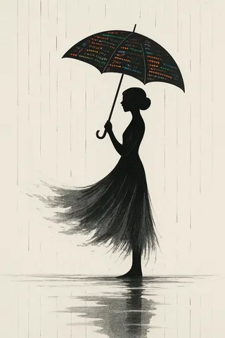 Minimalist black silhouette of a woman holding an umbrella decorated with colorful programming code patterns, standing in the rain with a flowing dress merging with the raindrops and a reflective surface below.