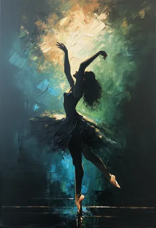 Oil painting of a ballet dancer silhouette in a graceful pose with textured, atmospheric background of blues, greens, and golden hues.