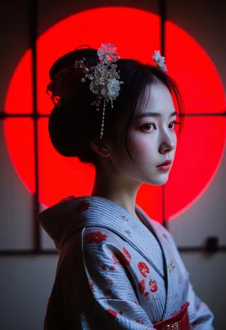 Young woman in a traditional kimono styled as a Geisha, with ornate hair ornaments, set against a bright red circular background with black horizontal lines, illuminated by dramatic side lighting.