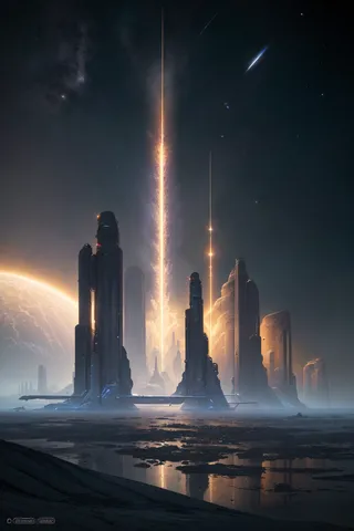 A futuristic sci-fi spacescape depicting the Ceres colony with towering sleek structures emitting bright vertical beams of light under a dark starry sky and a visible planet in the background.