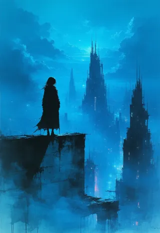 A silhouette of a solitary girl standing on a decaying balcony, overlooking a foggy futuristic cityscape dominated by tall, illuminated structures in blue hues.