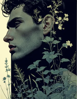 Profile of a slim shirtless man with detailed facial features intertwined with delicate botanical elements, rendered in a dark, moody palette inspired by Kay Nielsen's style.