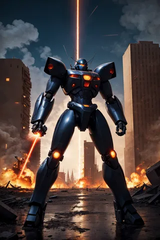 A towering mecha with black armor and glowing orange highlights firing a laser cannon amidst a destroyed city with fires and smoke.