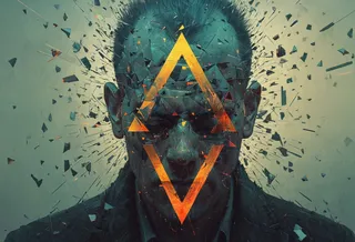 A digital glitch portrait of a man's head disintegrating into scattered triangle fragments with a glowing orange triangular symbol overlay, set in a dystopian cyberpunk style.