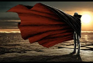 Faceless male figure in a futuristic suit and long flowing cape standing on a cracked surface at sunrise, with a huge alien spaceship in the distant, blurry background, rendered in vintage horror comic style with crosshatching shadows.