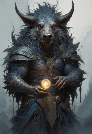 A detailed fantasy concept art of an evil boar-like monster with dark bluish fur and glowing eyes, wearing intricate armor and holding a magical glowing orb.