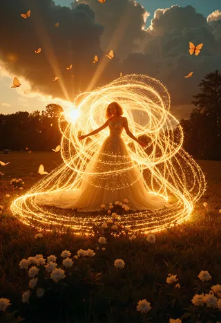 A woman in a glowing gown stands in a flower field at sunset surrounded by swirling golden light spirals and fluttering butterflies under dramatic clouds.
