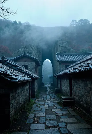 Misty pathway through ancient ruins with stone archway and traditional tiled rooftops under foggy sky