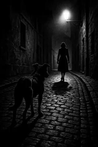 Black and white film noir style photograph showing a stray dog in the foreground on a narrow cobblestone alley at night with a silhouetted woman walking away under a streetlamp casting dramatic shadows.