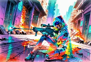 A cybernetic sniper with a see-through body and mechanical limbs kneels on a neon-lit ruined city street, aiming a sniper rifle while wearing a hooded cloak with a high collar.