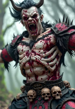 Terrifying undead vampire king mid-scream with blood-smeared skeletal chest, horned head, and spiked red armor, set in a misty dark forest.