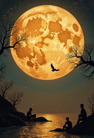A large golden moon shines brightly in the night sky over calm water with its reflection shimmering. Silhouetted figures sit on rocks by the water surrounded by leafless trees, and a bird flies across the moon's face.