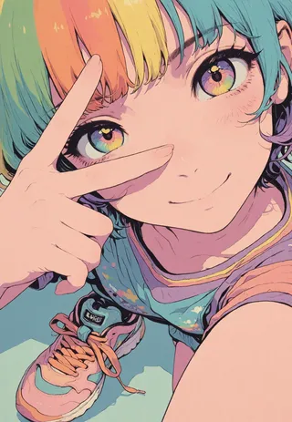 Close-up illustration of a girl with rainbow-colored hair and eyes, wearing colorful clothes and thick sneakers, showing a cute smile with a V sign over one eye in a flat, kawaii art style.