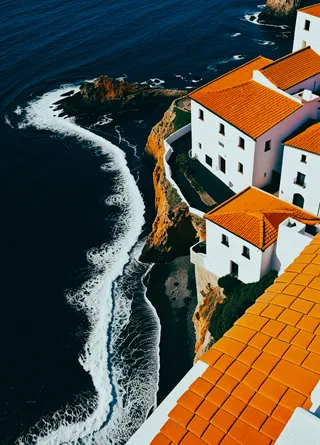 Aerial view of a cliff side town in Spain with white walls and terracotta roofs overlooking dark ocean waves and a black beach.