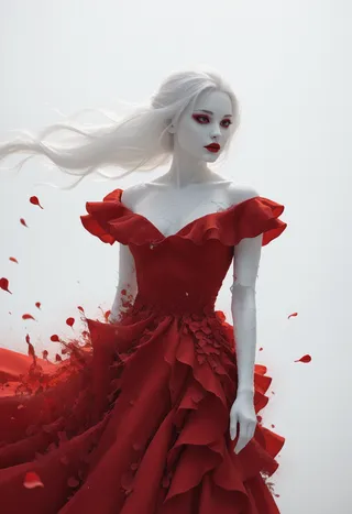 Woman with white hair and skin wearing an off-shoulder red dress with ruffled bridal gown details dissolving into red petals, with wind blowing and simple background.