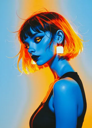 Portrait of a striking blue-skinned woman with short orange hair, wearing glam makeup and large earrings, styled with digital glitch effects and a pale blue background.
