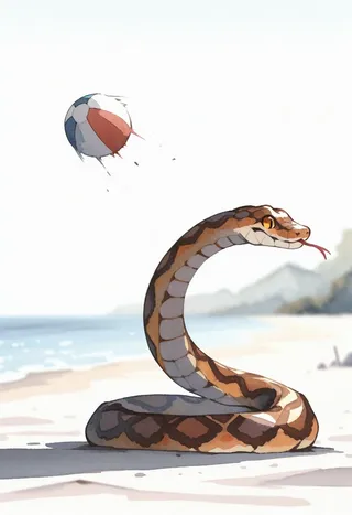 A cozy snake with patterned skin playfully watching a flying ball on a sunny beach, rendered in watercolor and oil painting styles.