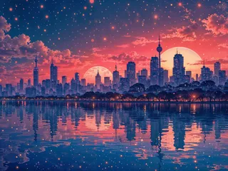 A vibrant city skyline at sunset with two large moons, colorful red and blue skies, and sparkling lights reflecting in the calm water below.