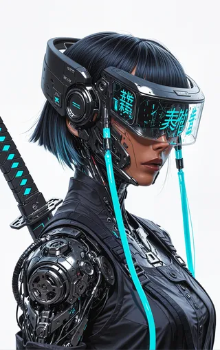 A detailed cyberpunk-style futuristic humanoid with short black hair, wearing advanced headgear with a visor displaying glowing holographic text, and holding a katana strapped to the back. The figure features a robotic arm with intricate mechanical components, set against a white background.