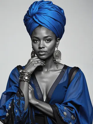 Monochrome portrait of a woman wearing a vibrant blue turban and matching robe with ornate earrings and bracelets, set against a soft grey background.