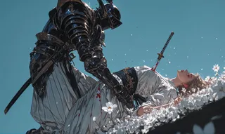 A detailed high-resolution oil painting of a knight in black armor holding a woman in a white dress impaled by a katana, surrounded by white flowers under a blue sky.