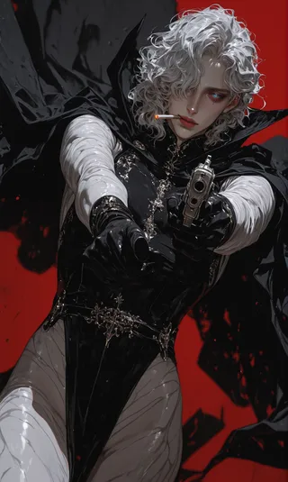 Highly detailed digital painting of a white-haired male character with blue eyes, wearing black gloves and a cape, aiming a handgun directly at the viewer with a lit cigarette in his mouth, set against a red background.