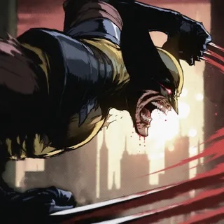 Wolverine in mask and bodysuit fiercely screaming with blood on face and sharp claws extended against a blurred cityscape background with dramatic sidelighting.