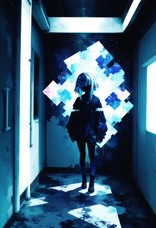 A dark silhouette of a person standing in a narrow corridor with fractalized blue and white lighting and glitch effects.
