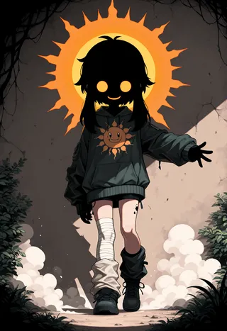 Shadowed silhouette character wearing a hoodie with a smiling sun symbol, featuring heavy cast shadows and grunge lighting.