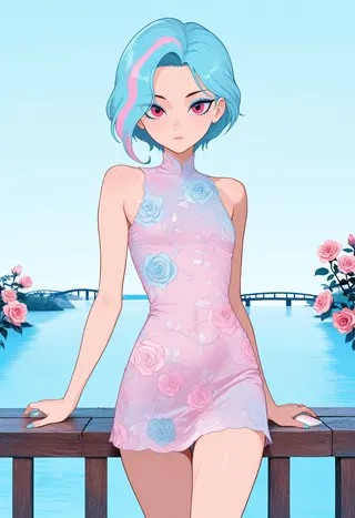 Anime girl with blue hair and pink highlights wearing a pastel pink and blue rose-patterned dress standing on a wooden bridge with a calm blue water background and pink roses.