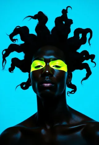 Minimalist dark-skinned portrait with glossy skin, dramatic dreadlocks, neon yellow eye makeup, against a cyan background with bold lighting.